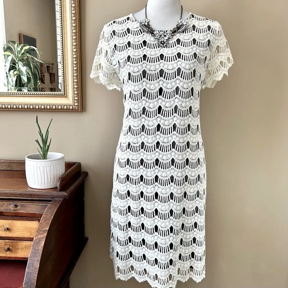 Kate Spade Virginia Ivory Lace Shift White Mini Dress Scalloped Short Sleeve 8